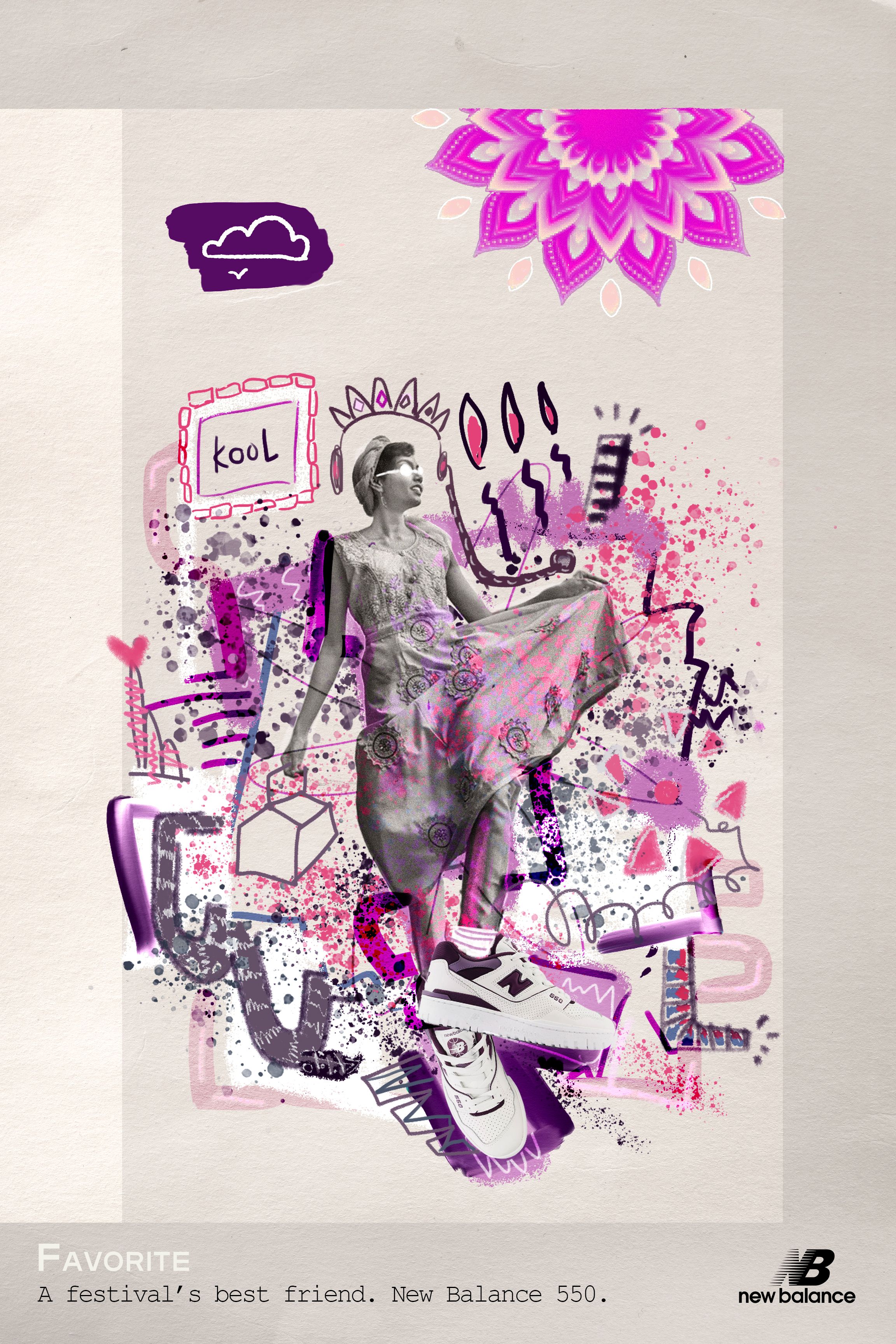 New Balance concept poster on cream, a collage of illustrated objects with a purple flower