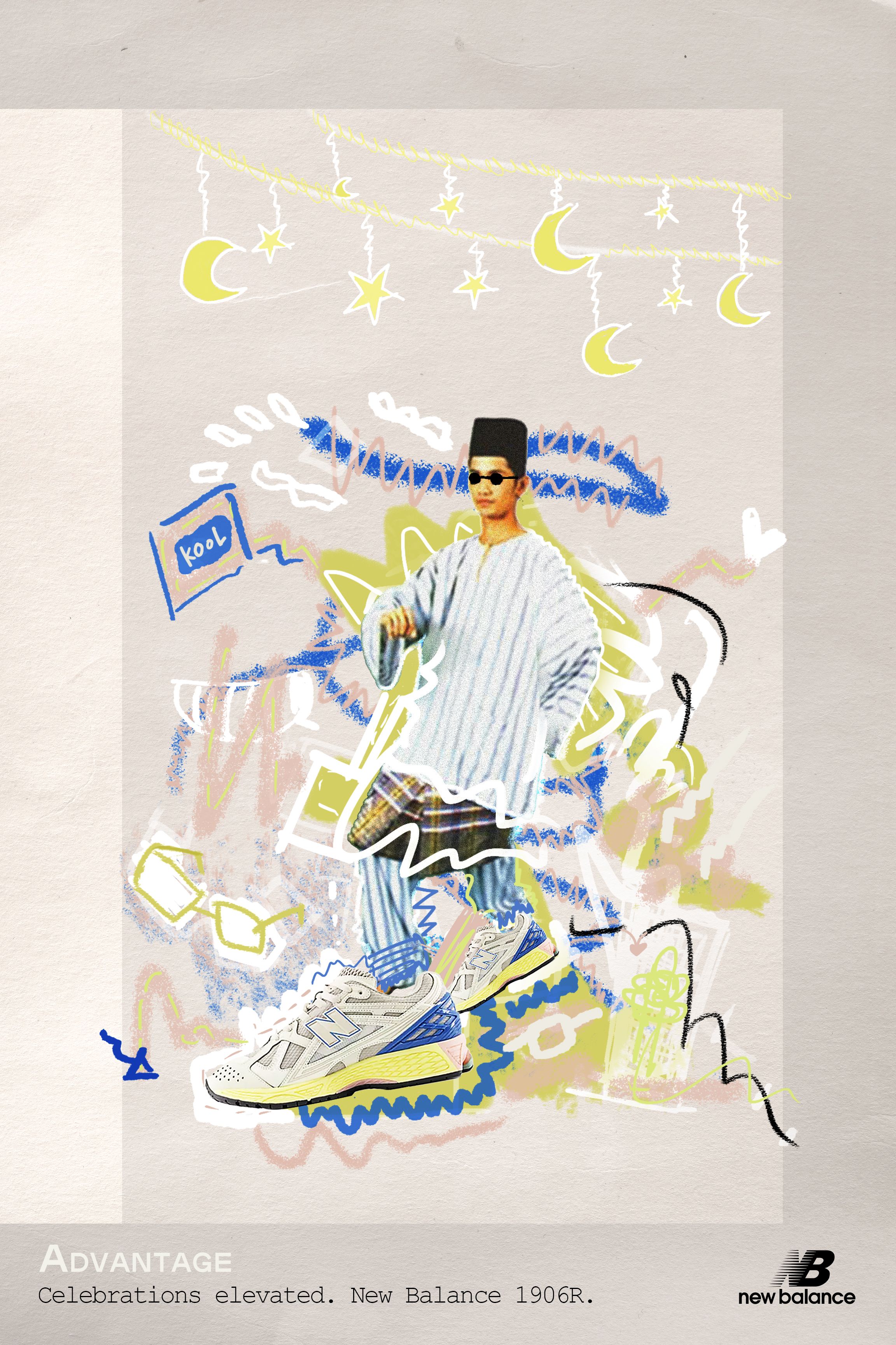 New Balance concept poster on cream, an illustrated figure with sneakers
