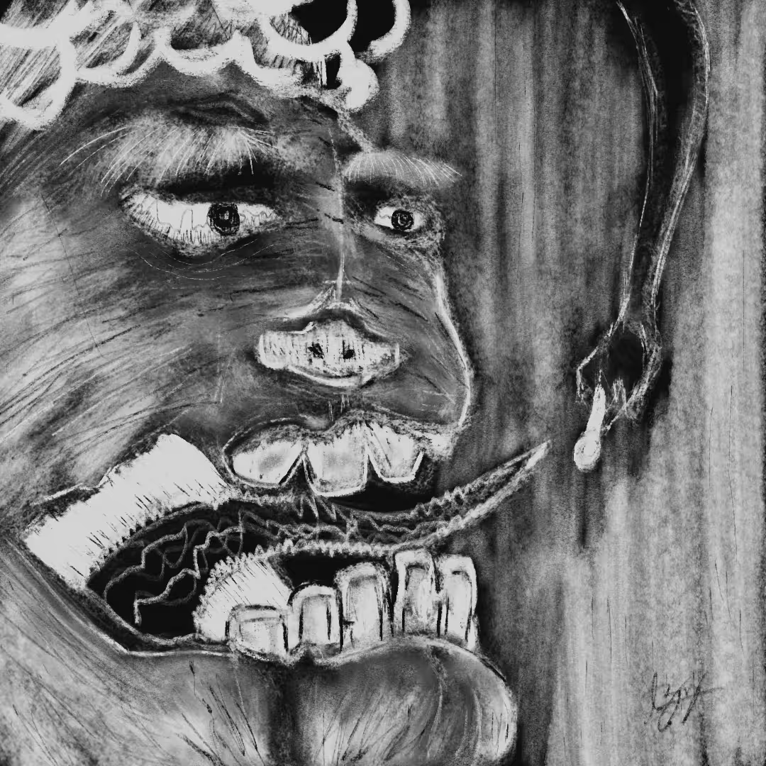 Black-and-white ink illustration of a face, heavily textured