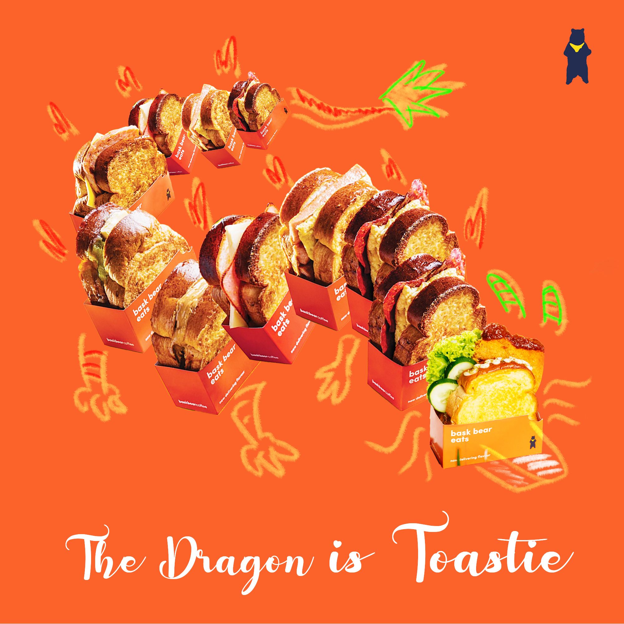 Orange poster of a dragon built from toast pieces, captioned "The Dragon is Toastie"