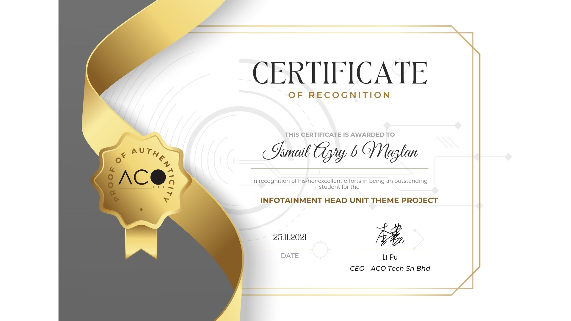 ACO Tech Best Theme certificate for the 2021 ATLAS theme brief
