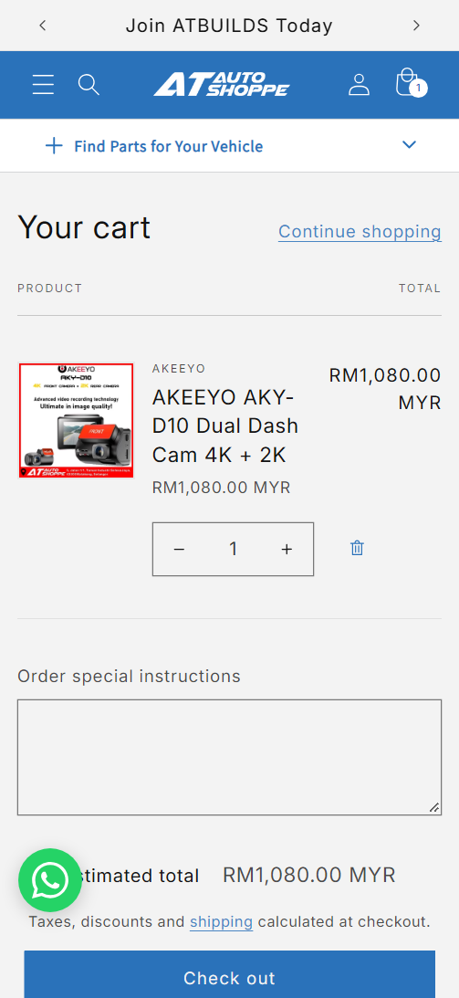 Cart with the selected product