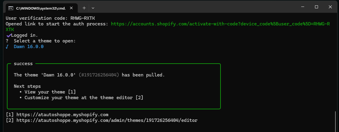 Shopify CLI pulling the live theme into a local folder before any edits