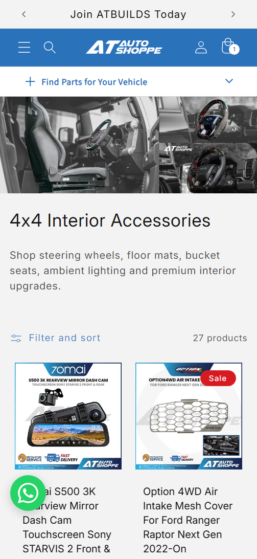 Interior accessories collection page with its own filter set