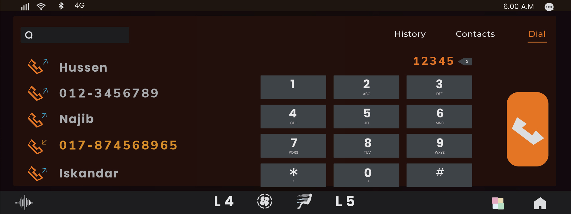 Dialer with recent calls on the left, keypad on the right and a copper call button