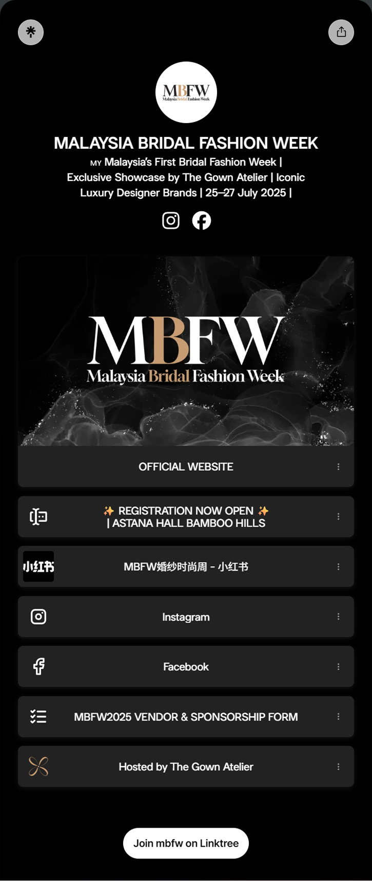 MBFW Linktree page in the same black-and-tan style