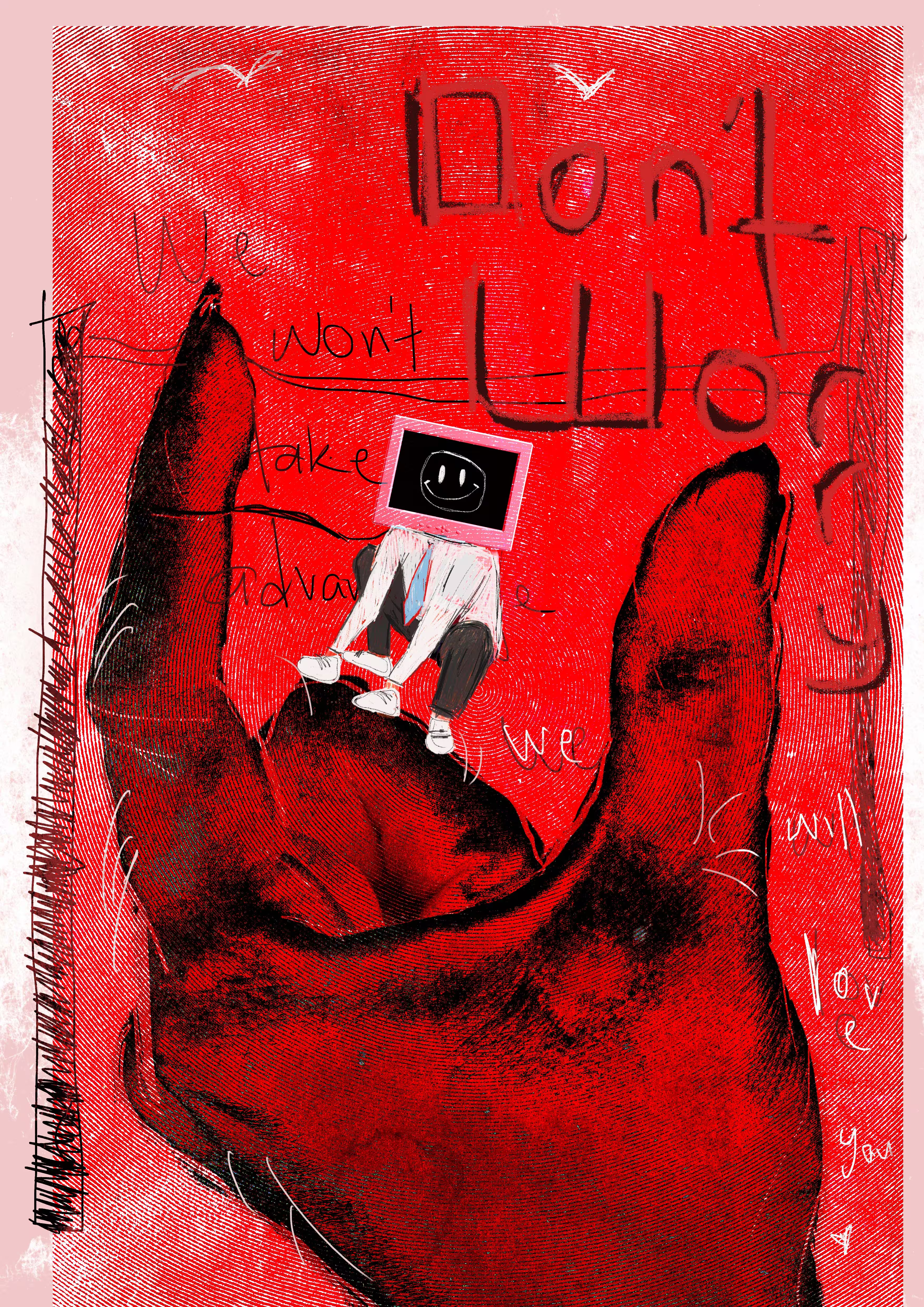 Red illustration with a small figure held up in the centre