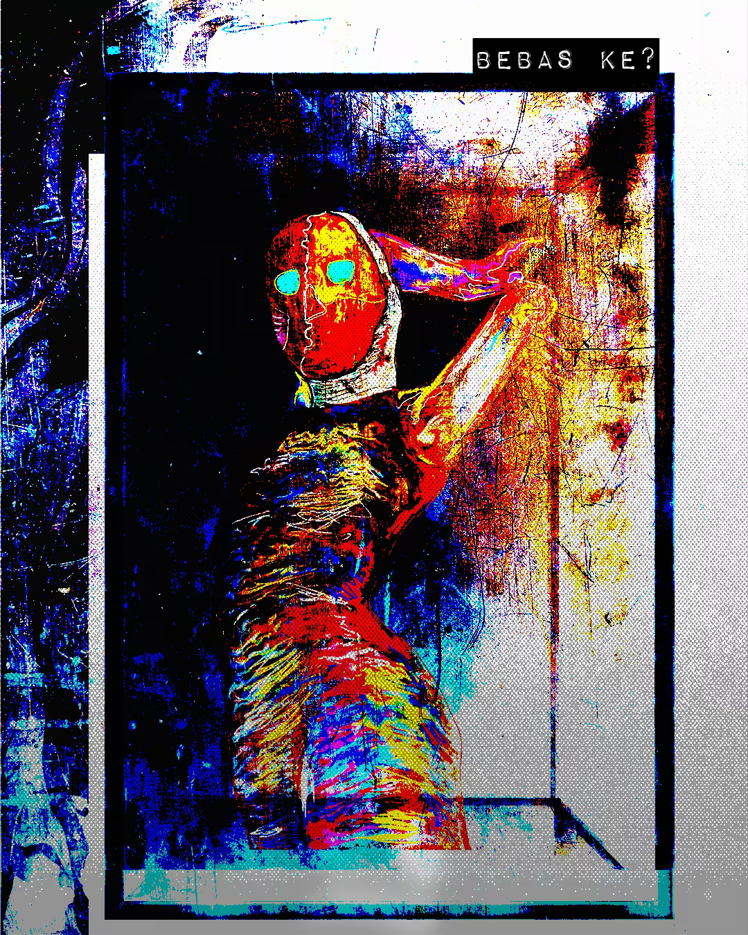 Glitch-style portrait in saturated blues, reds and yellows