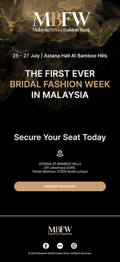 Bridepay email footer with the event dates, the venue address and a second Reserve Your Seat button