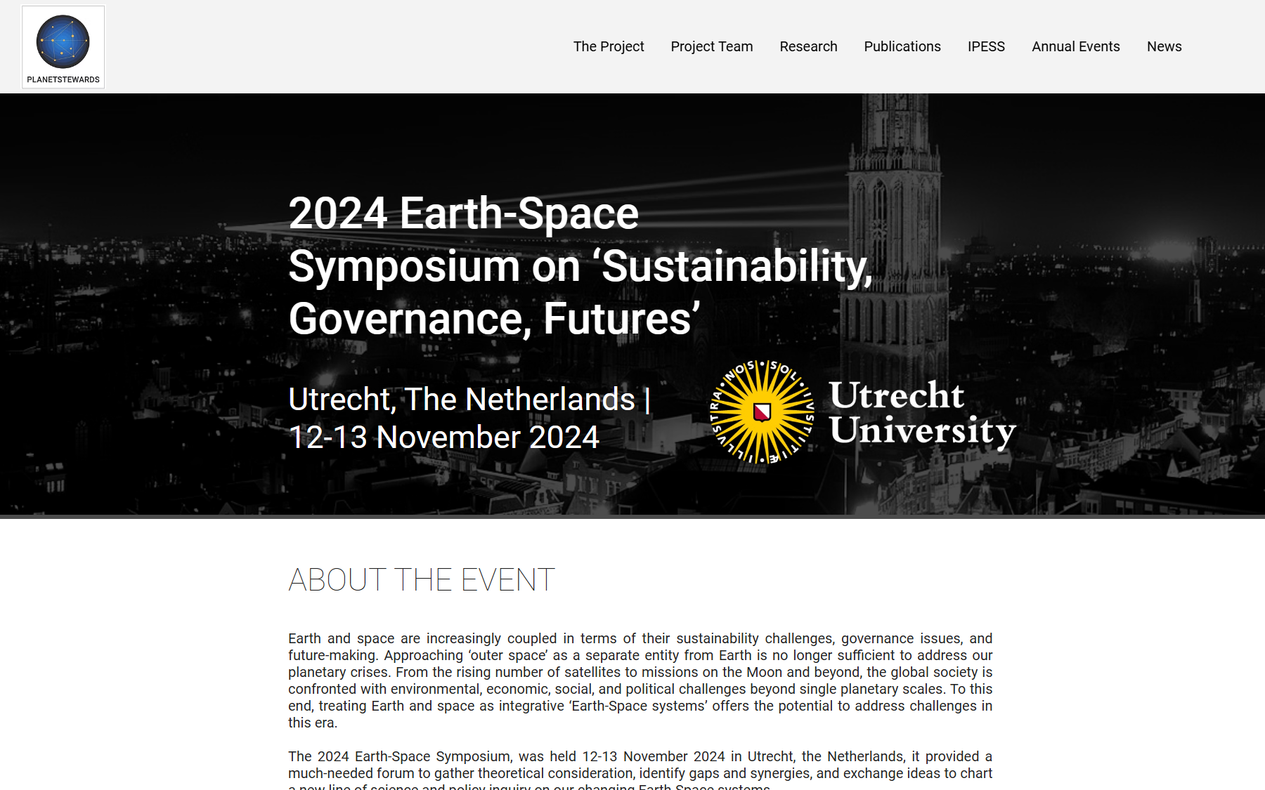 Desktop event page for the 2024 Earth-Space Symposium, with the event title, dates and venue