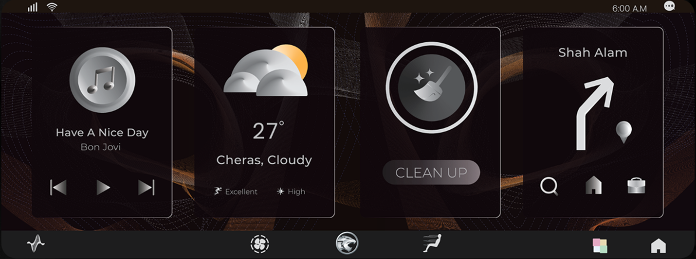 ATLAS theme homepage with the same four cards in chrome on a copper-and-silver wallpaper