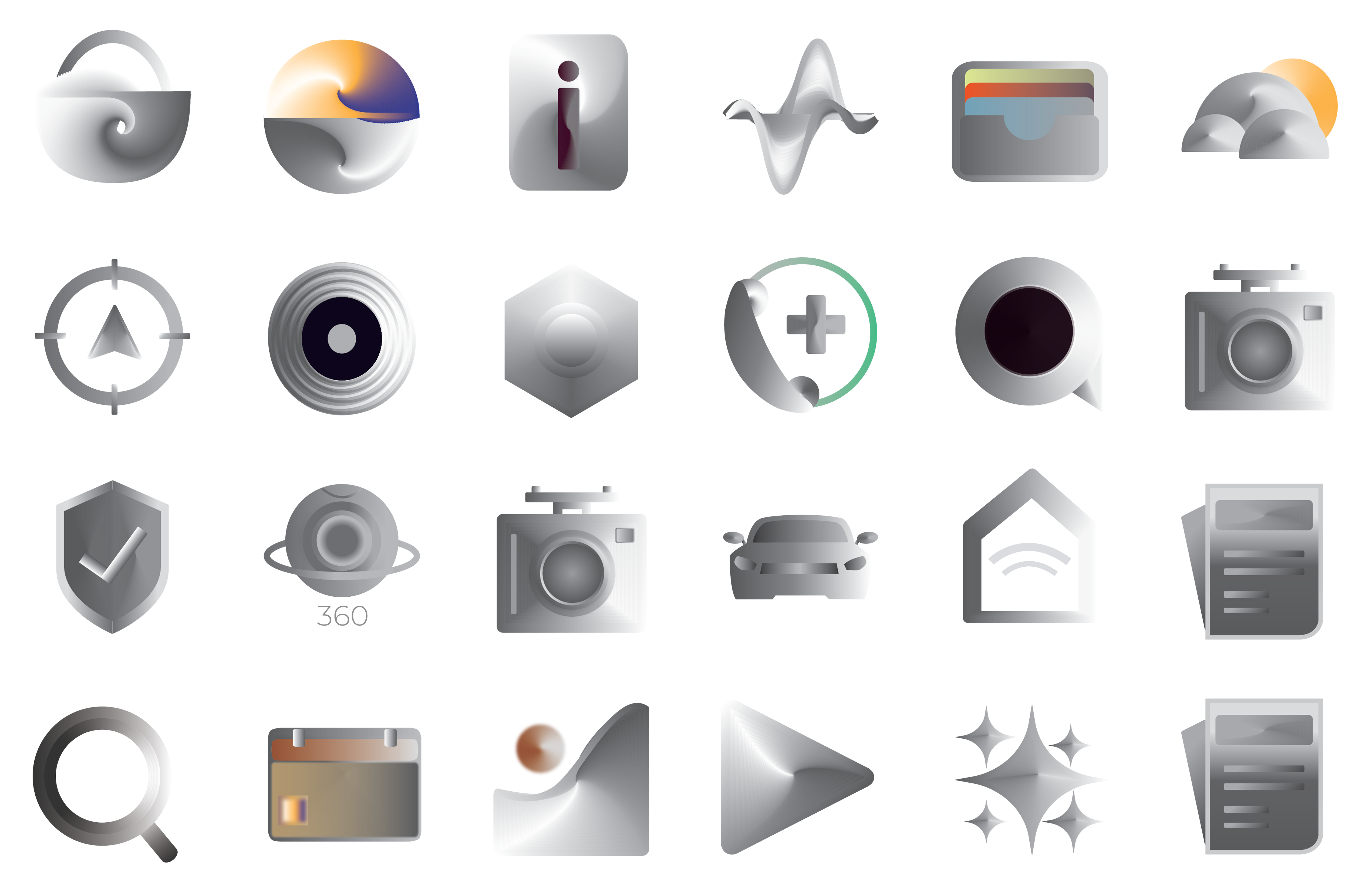 24 brushed-chrome icons on dark 242×222 px backplanes