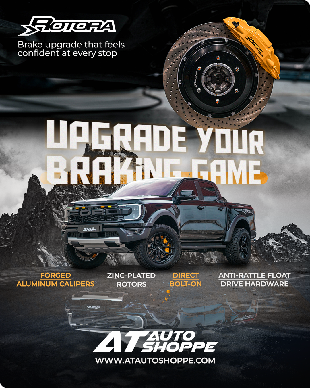 AT Auto Shoppe poster for brake upgrades, a 4×4 with a large brake disc and the headline "Upgrade your braking game"