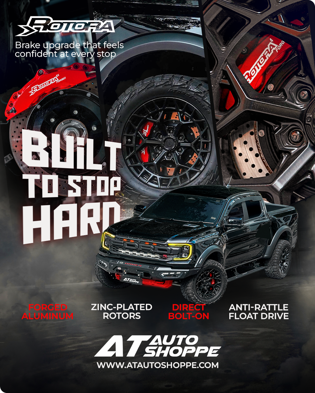 AT Auto Shoppe poster, a black 4×4 under the headline "Built to stop hard"