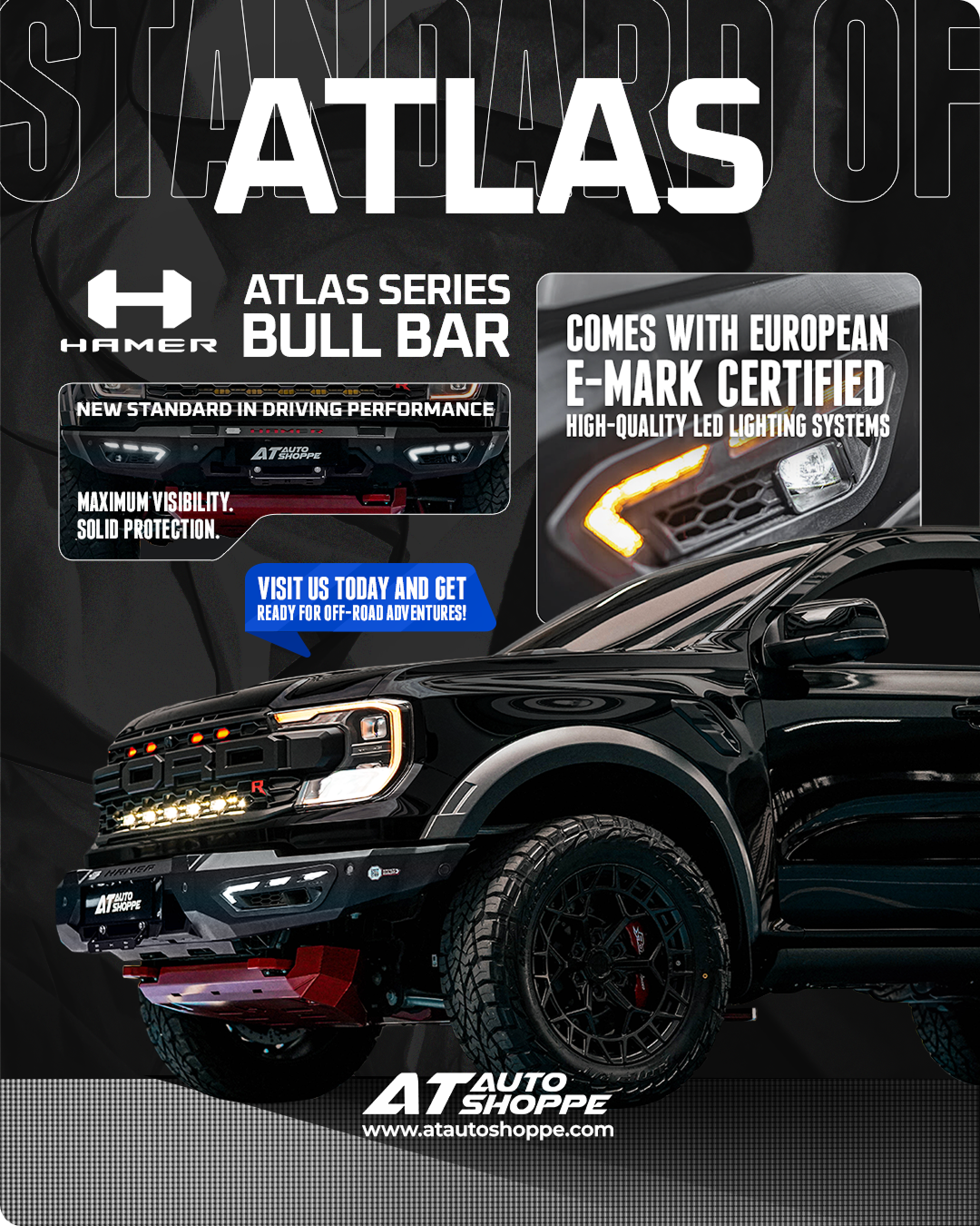 AT Auto Shoppe product poster for the ATLAS range, a dark 4×4 with product callouts