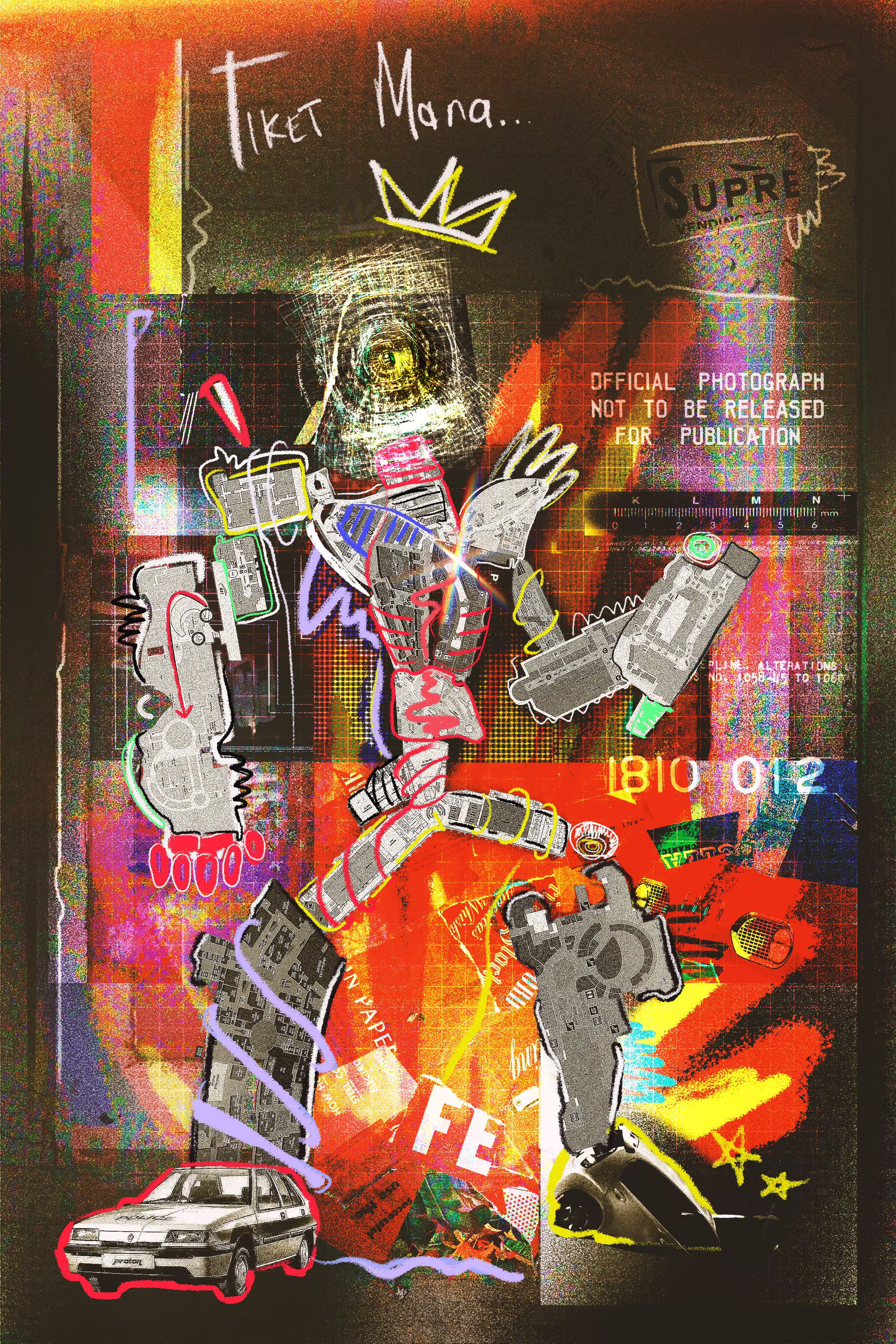 Dense, colourful illustration of a creature in a mall