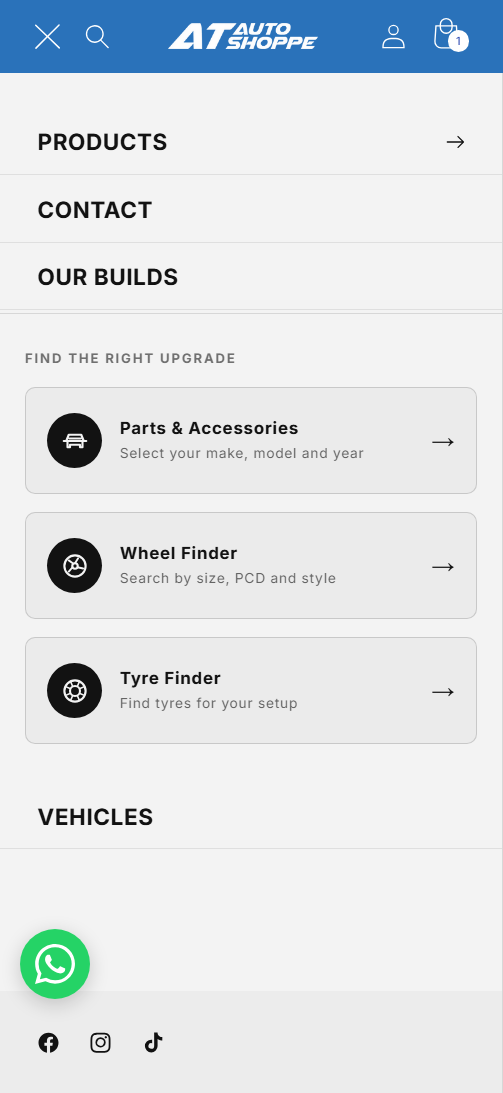 Mobile menu with parts, wheel and tyre finders