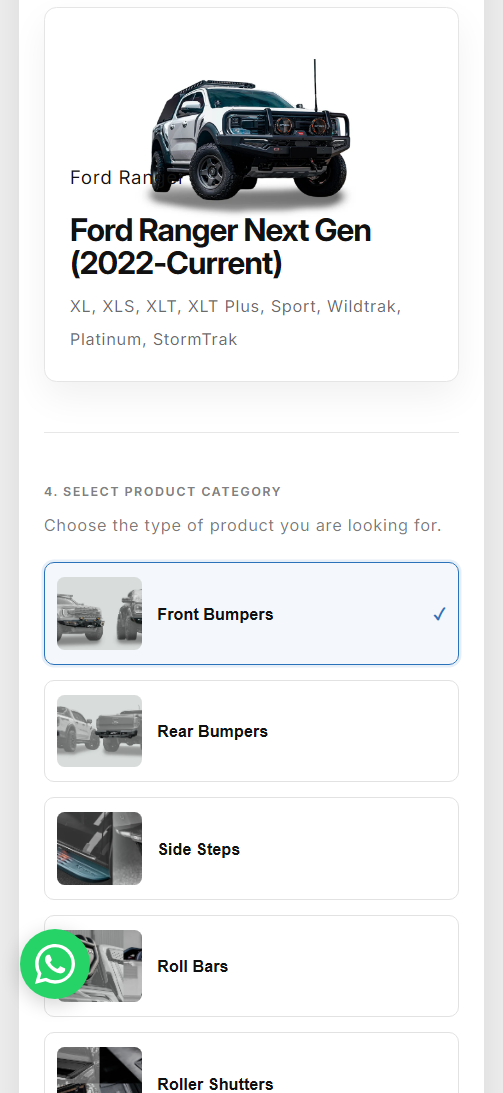 Category selection after choosing a vehicle