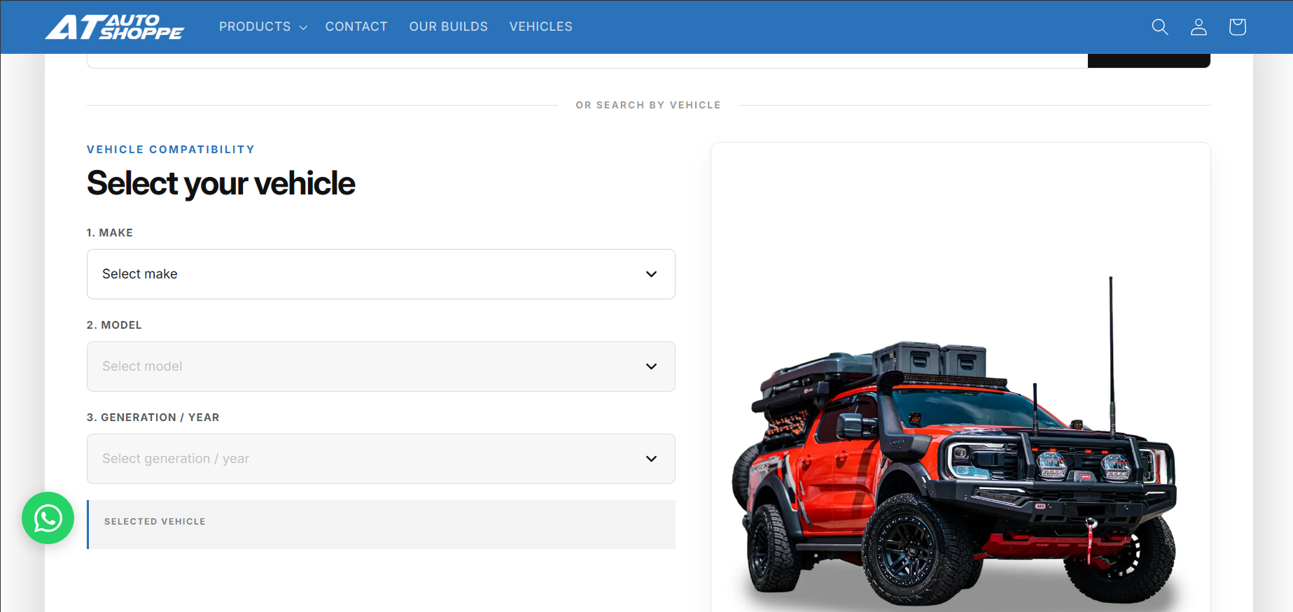 Product finder page with the vehicle selected and matching parts listed