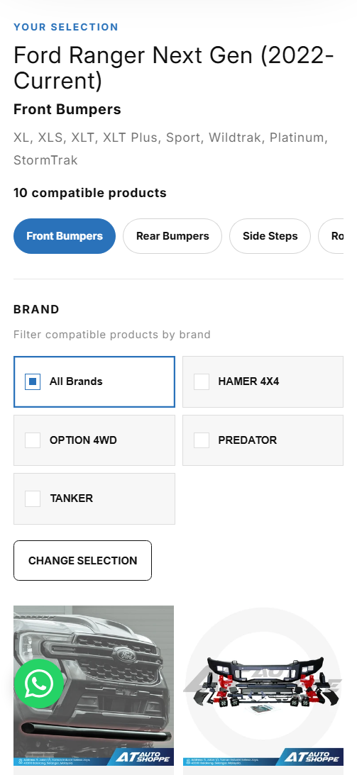 Part type selection within the chosen category
