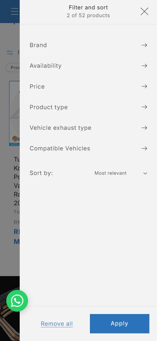 Collection page filter tuned to the product type