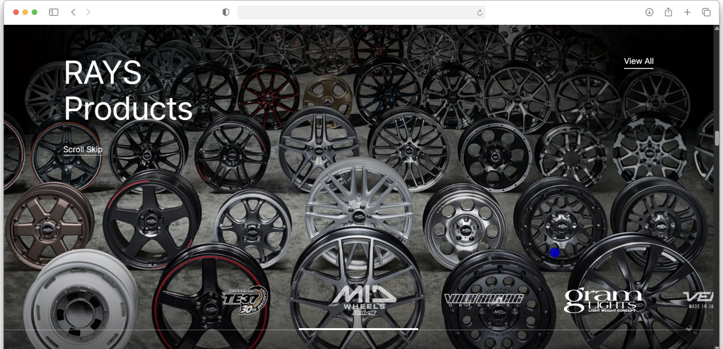 RAYS Wheels collection page with a sliding transition between wheel ranges
