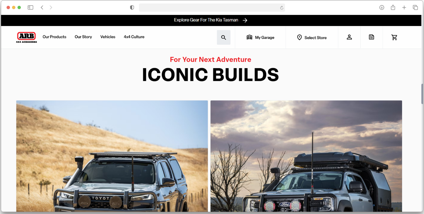 ARB Iconic Builds page showcasing complete vehicle builds