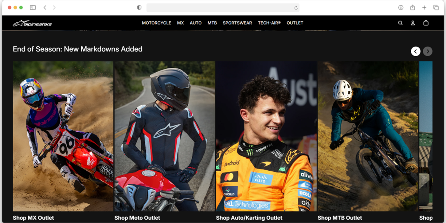 Alpinestars collection page with image-led category tiles