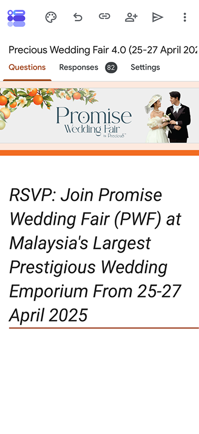 Step 3: RSVP form in the editor view showing 82 responses