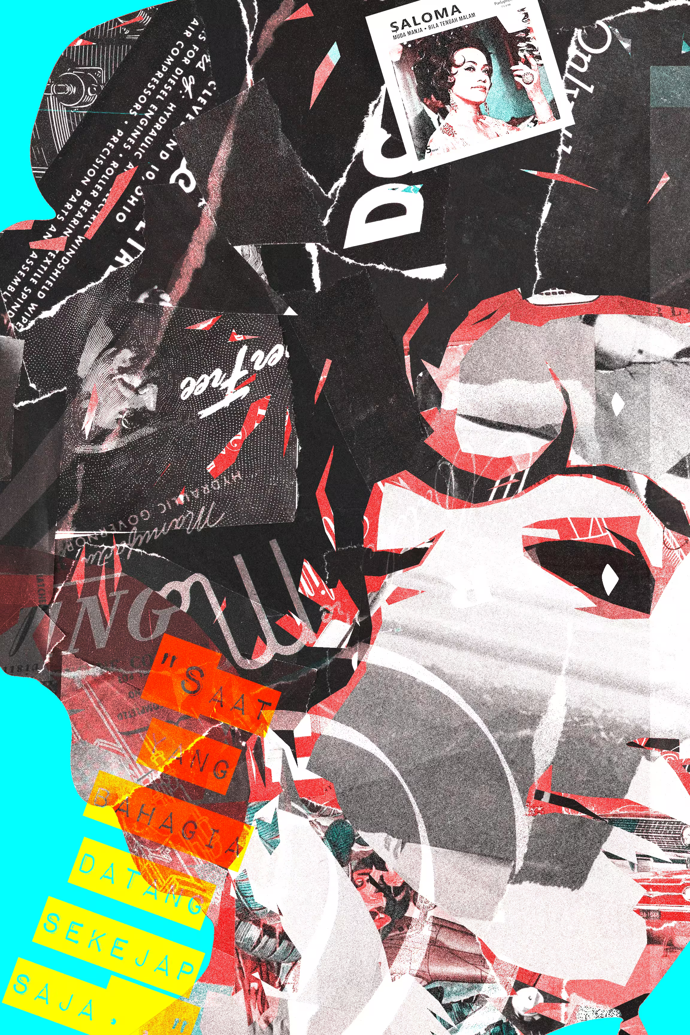 Collage portrait in black, white and cyan