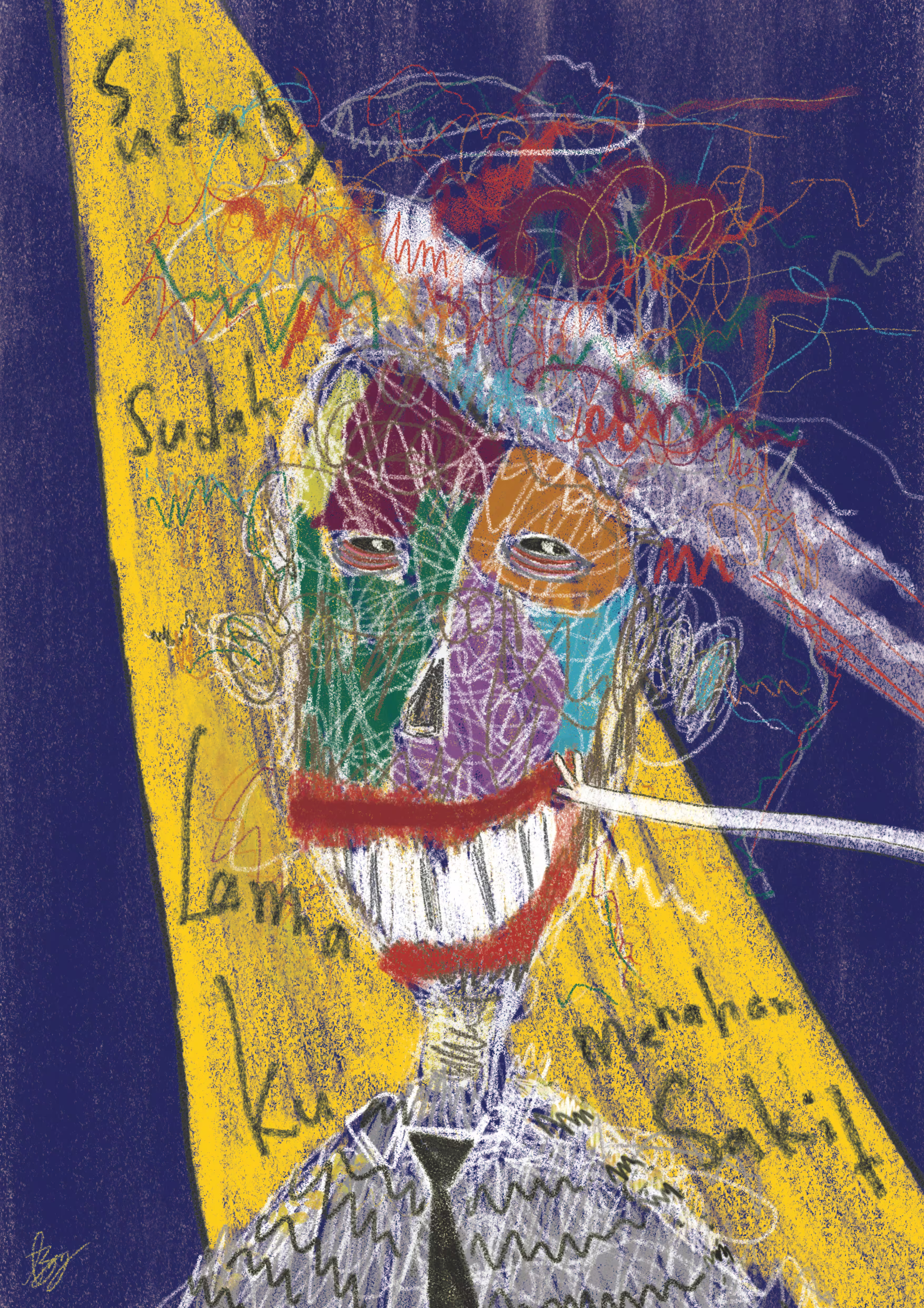 Digital crayon drawing of a scribbled, patchwork-coloured face forced into a wide grin by a white stick at the corner of its mouth, set in a yellow beam on deep indigo with the words "Sudah sudah lama ku menahan sakit" scrawled around it