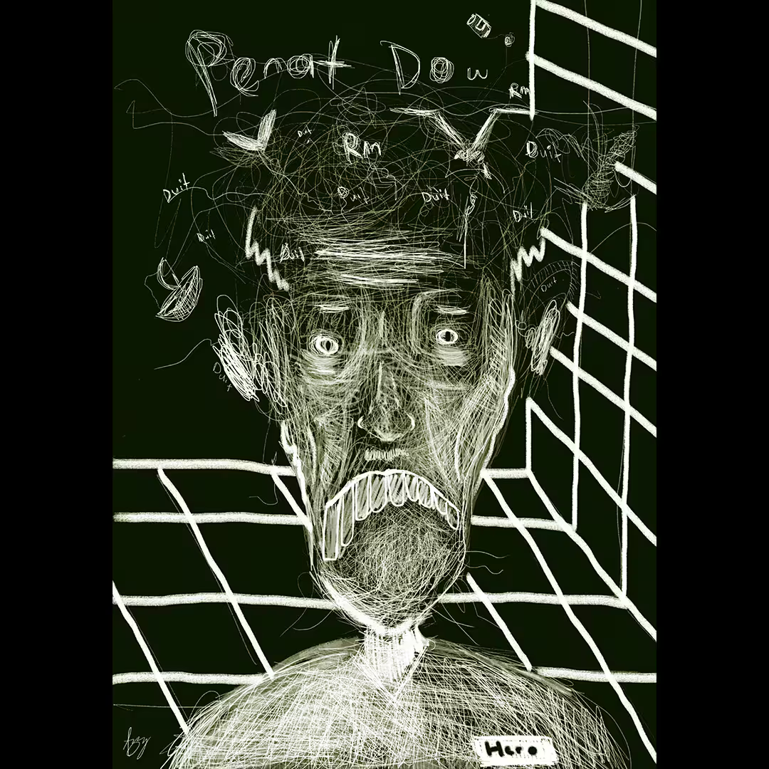 White scratchy line drawing on black of a wide-eyed, grimacing man in front of a perspective grid, with "Penat", "Duit" and "RM" scrawled around his head