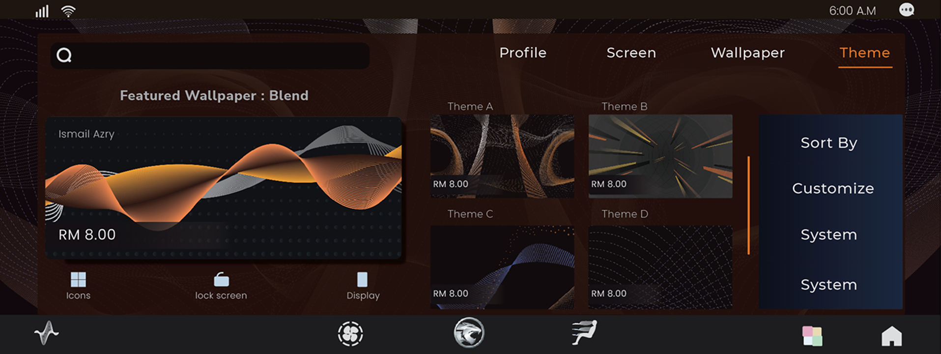 Theme store with Profile, Screen, Wallpaper and Theme tabs and a featured wallpaper card