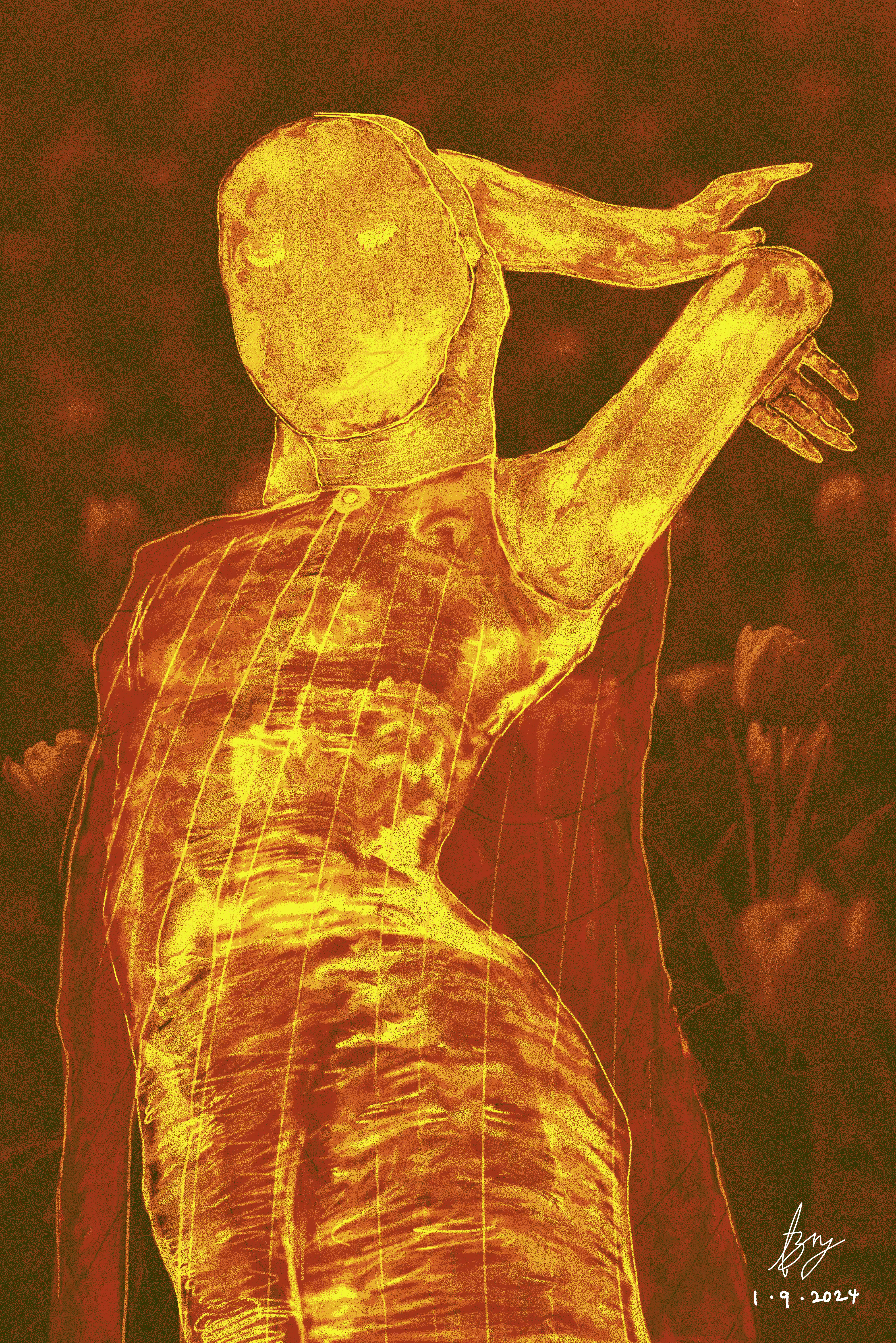 Gold-toned figure posed against a dark background
