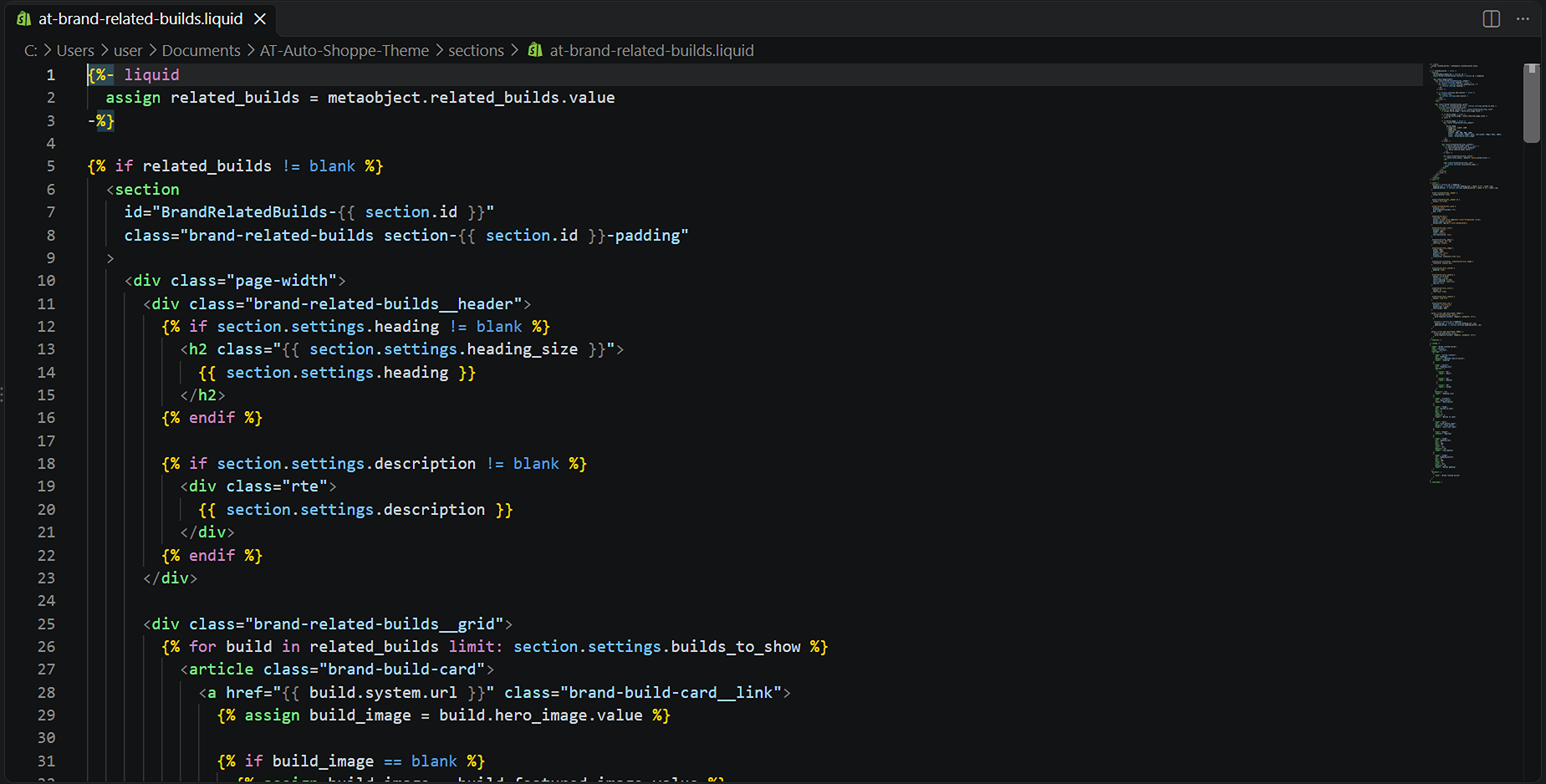 at-brand-related-builds.liquid open in VS Code, lines 1 to 47