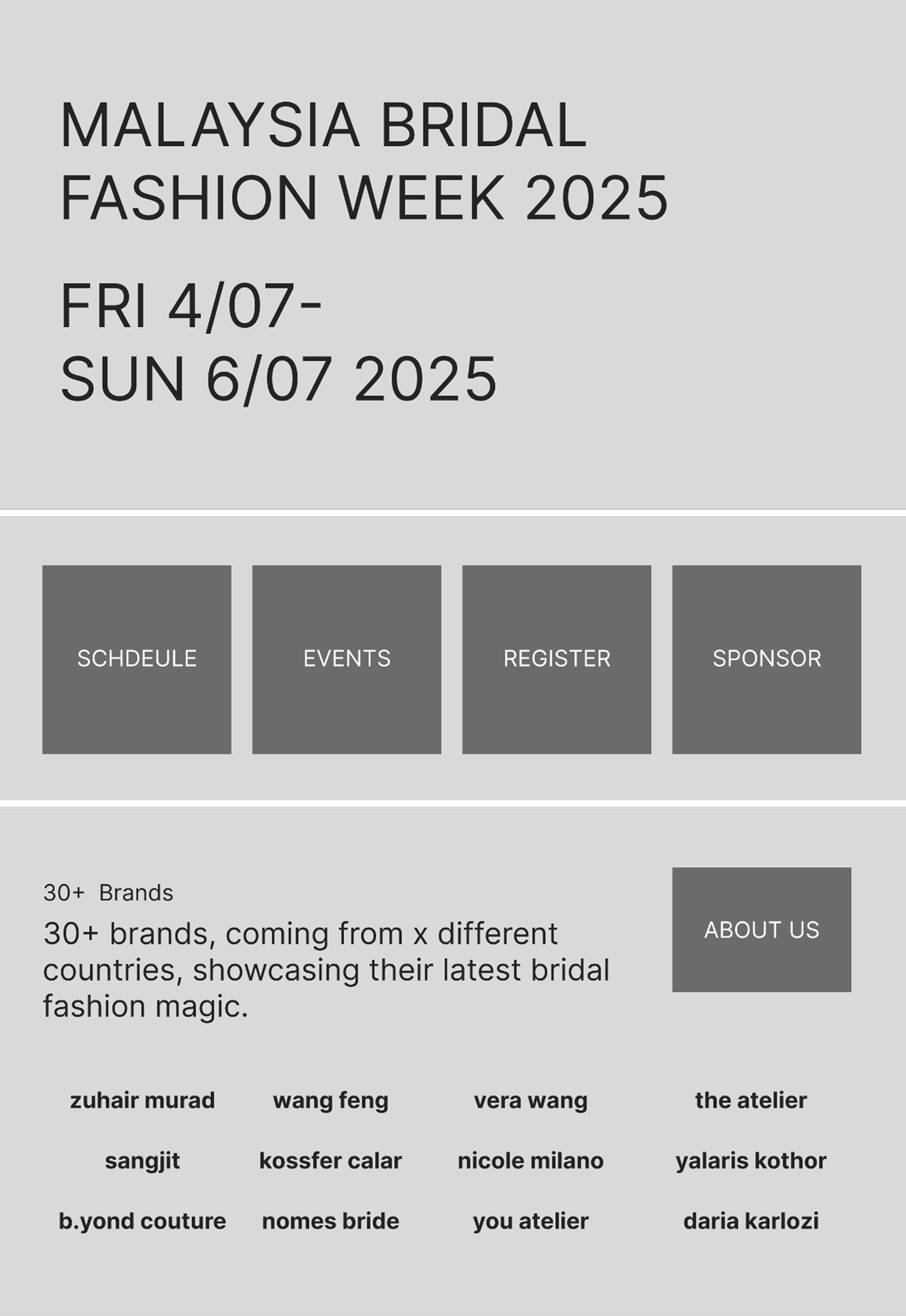 Early homepage wireframe: event dates first, then four entry points